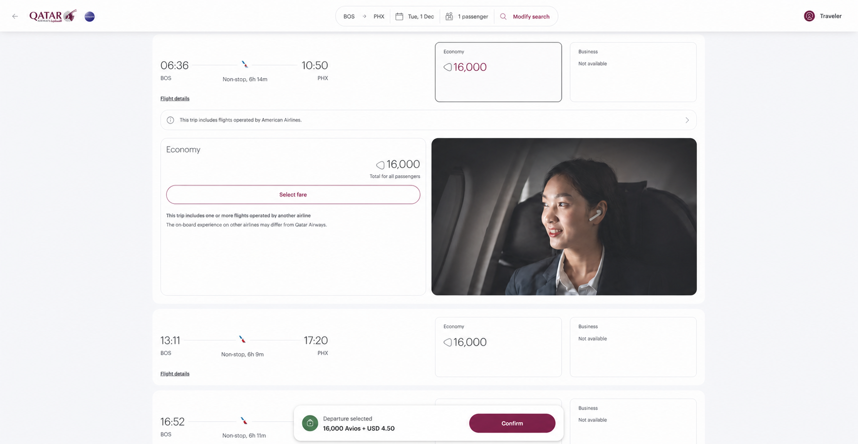 Qatar Airways award checkout showing a Boston to Phoenix American Airlines flight for 16,000 Avios plus $4.50