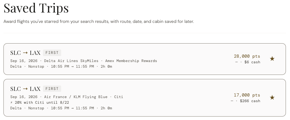 Acru Saved Trips showing one Delta flight from Salt Lake City to Los Angeles priced at 28,000 Delta SkyMiles and at 17,000 Air France KLM Flying Blue miles