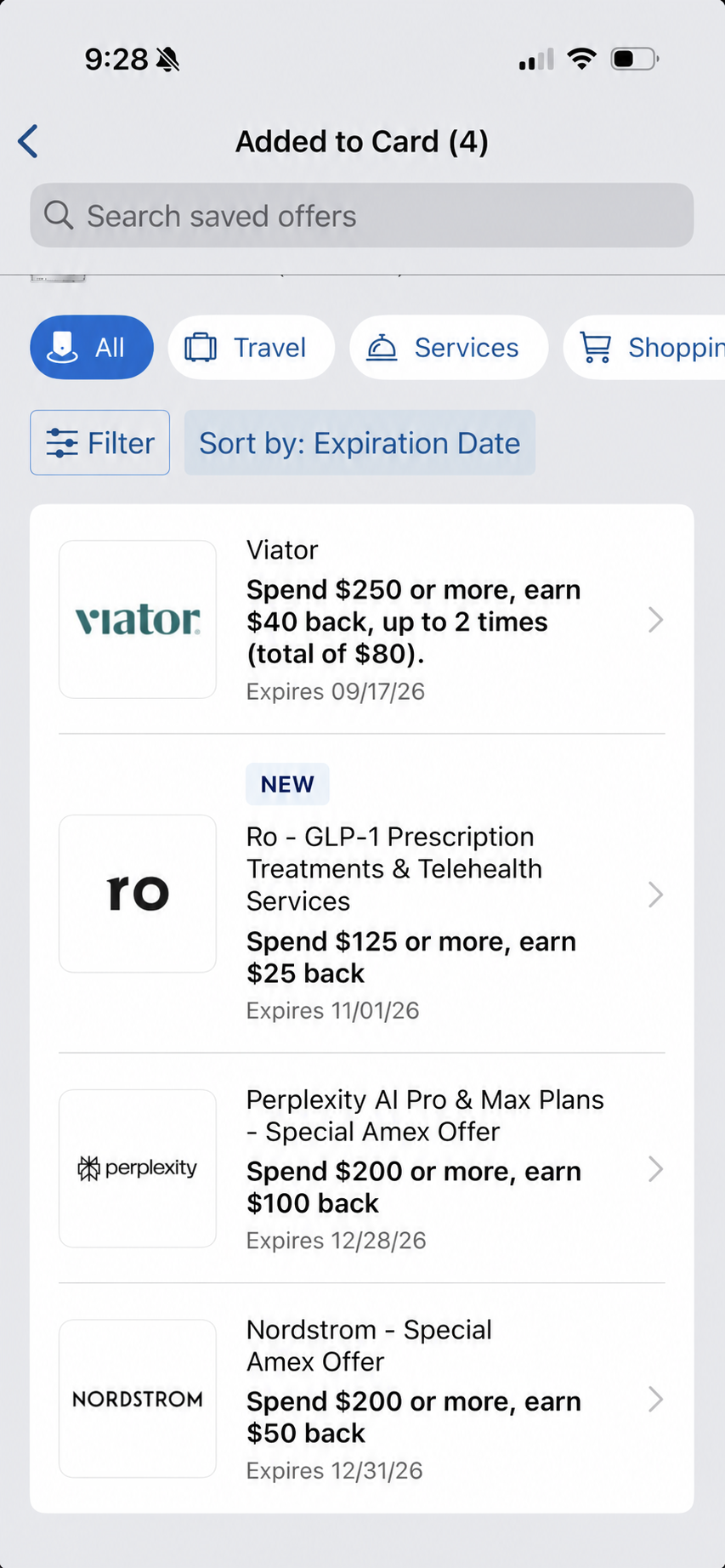 American Express mobile app showing four offers added to a card