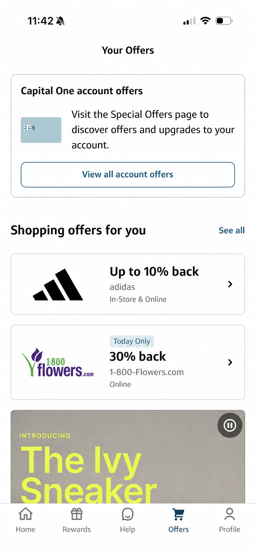 Capital One mobile app showing online and in-store shopping offers