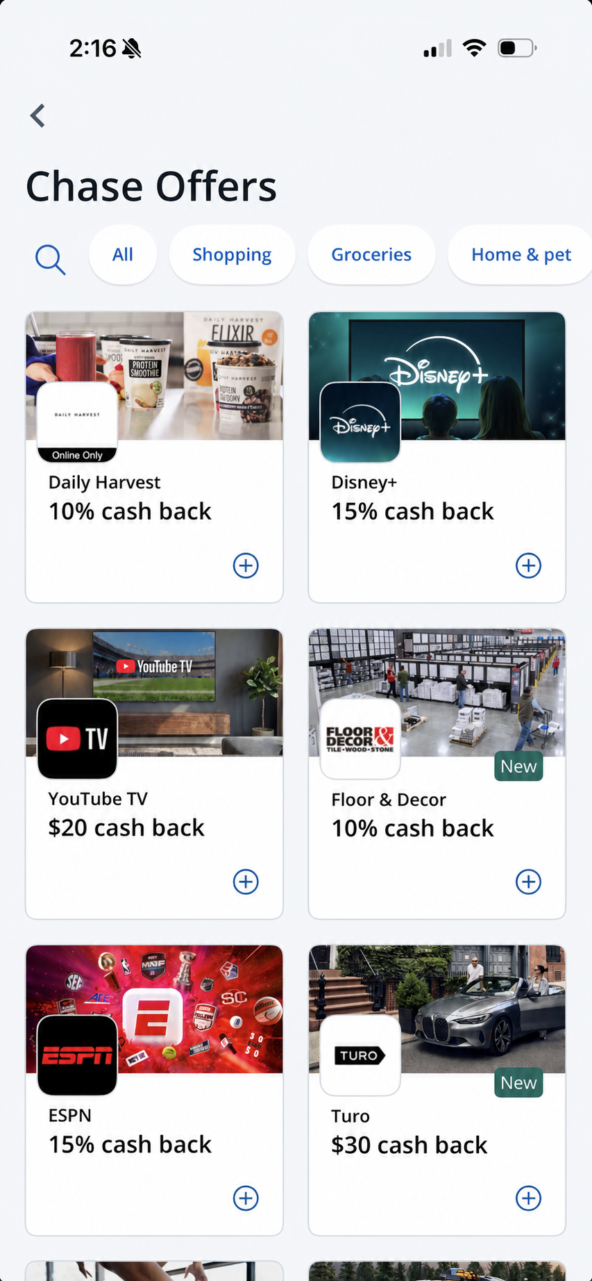 Chase mobile app showing merchant offers with plus buttons for activation
