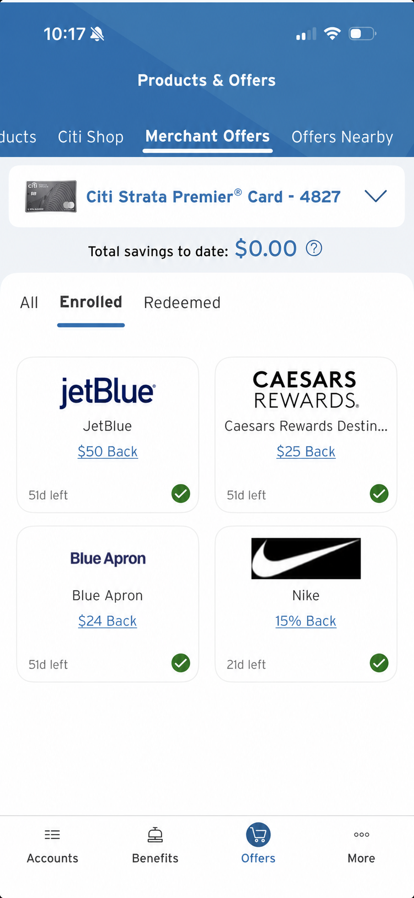 Citi mobile app showing enrolled Merchant Offers on a Citi Strata Premier card